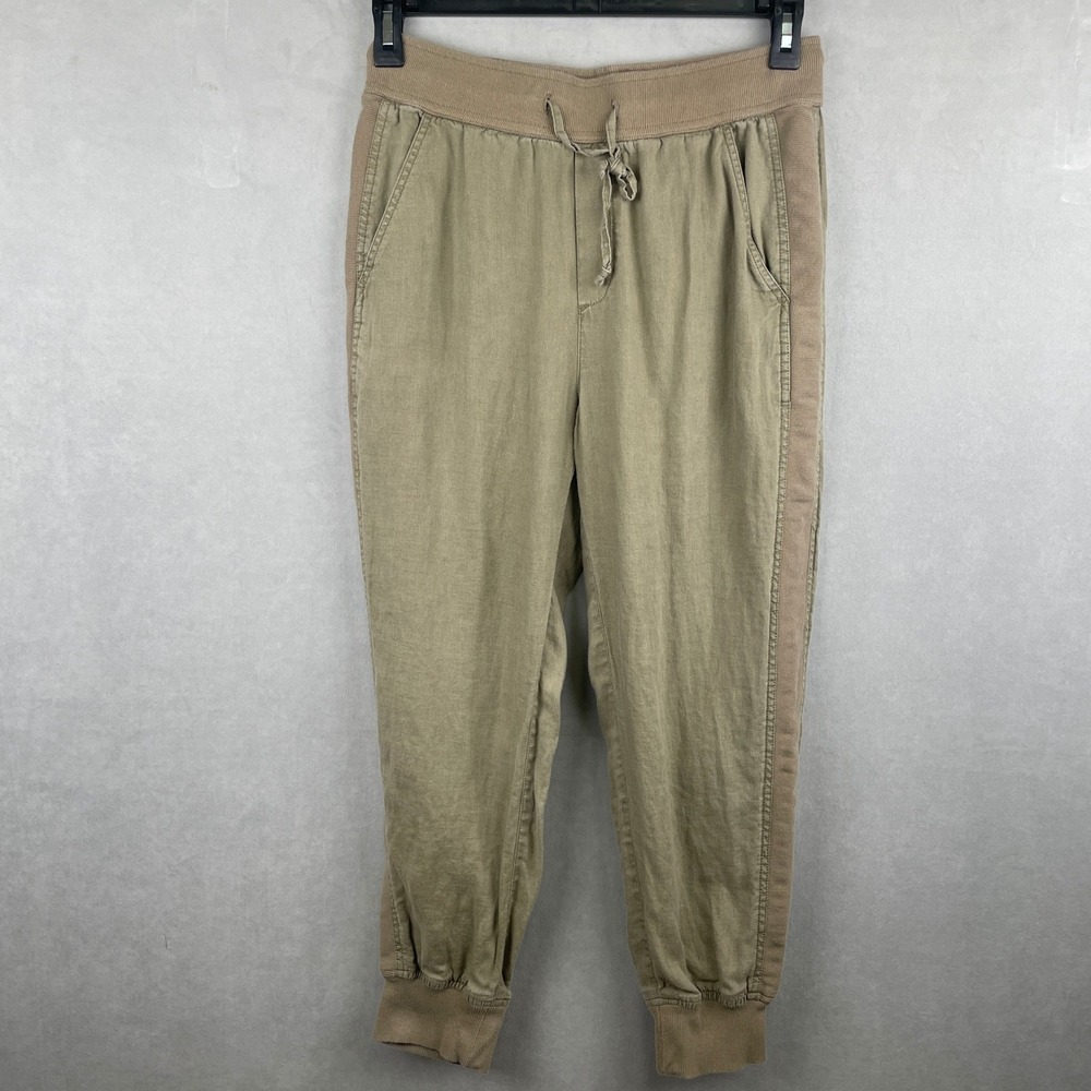 Pure Navy Womens 100% Linen Jogger Pants Olive Green Ribbed Trim Medium Relaxed